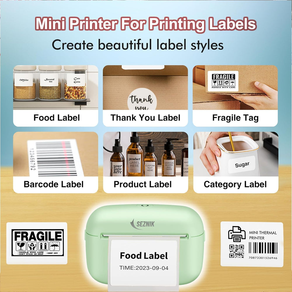 SEZNIK Mini Printer, Ultra HD Print 304 dpi | Inkless | Portable | Bluetooth Compatible with Android iOS | 1 Year Warranty (Mini-UltraHD-Green)