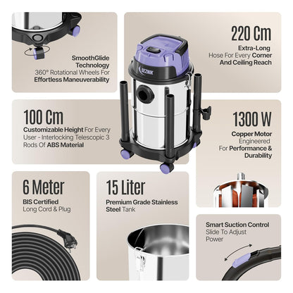 SEZNIK All in One Wet and Dry Vacuum Cleaner for Home | Spot Cleaning, Mopping & Blowing | 15L Steel Tank | 1300W, 20KPA Suction | 9 Attachments | Includes 1-Year Maintenance Kit Worth ₹3496