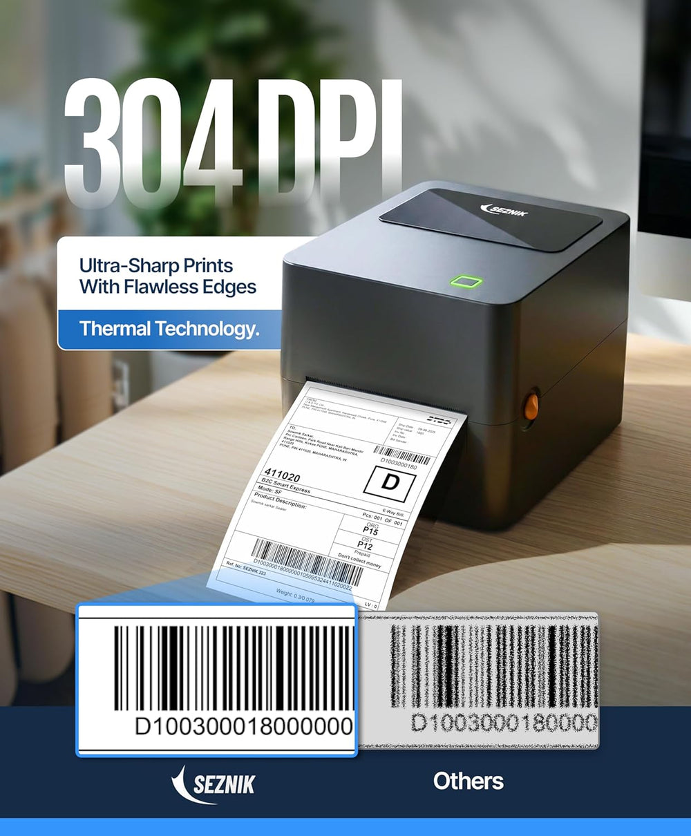 SEZNIK Tejas Shipping Label Printer | 304 DPI HD Print | USB + Bluetooth | Direct Thermal Label Printer for E-Commerce, MRP Sticker, Jewellery, Excel, Barcode, | 1 Year Warranty | No SellerFlex