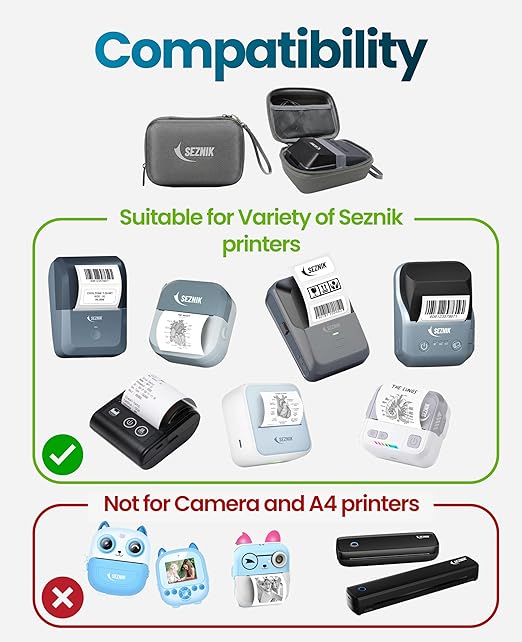 SEZNIK Portable Carrying Case for Mini Printer, Camera, Receipt Printer, Multi Purpose Travel Organizer for Earphones, USB Drives, Memory Cards, and Cables Bag (Grey) [ Printer NOT Included ]