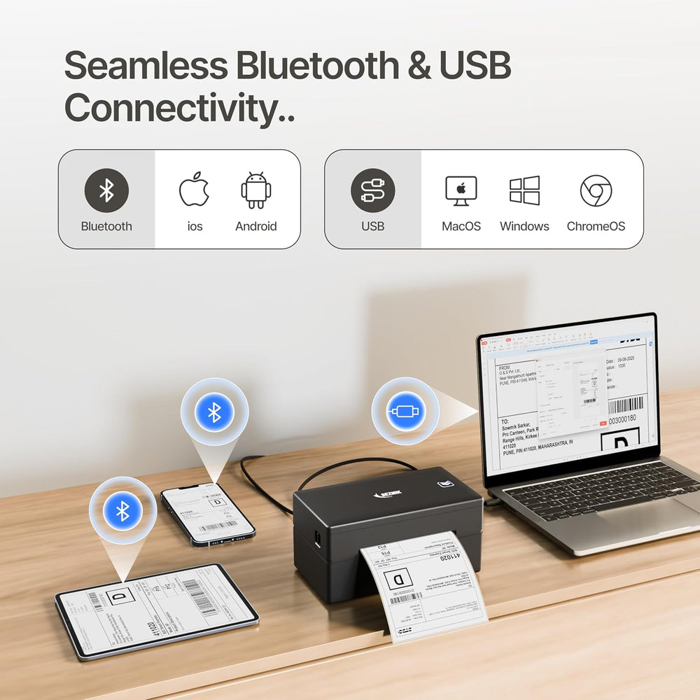 SEZNIK LabelX Shipping Label Printer Bundle with Roll Holder & 4x6 Thermal Labels | Bluetooth + USB Inkless Printer | 400 Labels | for Amazon, Meesho, Courier & Barcode Printing