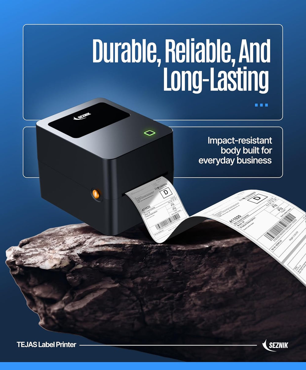 SEZNIK Tejas Shipping Label Printer | 304 DPI HD Print | USB + Bluetooth | Direct Thermal Label Printer for E-Commerce, MRP Sticker, Jewellery, Excel, Barcode, | 1 Year Warranty | No SellerFlex