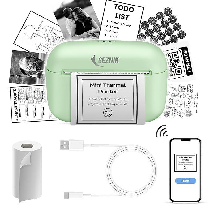 SEZNIK Mini Printer, Ultra HD Print 304 dpi | Inkless | Portable | Bluetooth Compatible with Android iOS | 1 Year Warranty (Mini-UltraHD-Green)