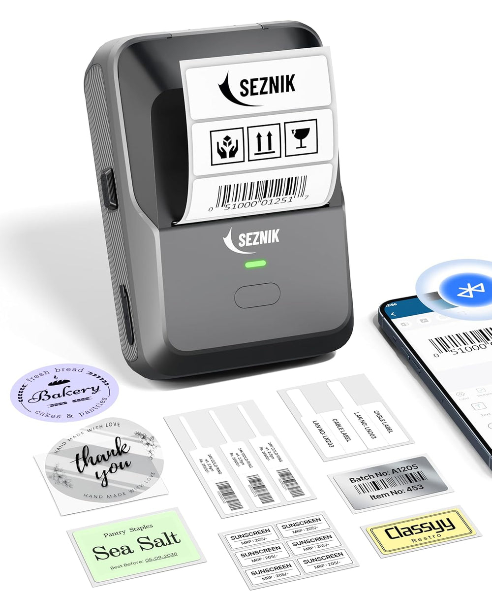 SEZNIK Josh Bluetooth Thermal Label Printer | Inkless Mini Rechargeable | MRP, Barcode, Excel File Print | Cloud, Mobile, Desktop | Jewellery, Round Labels | 2-inch Print | Free App | 1 Year Warranty