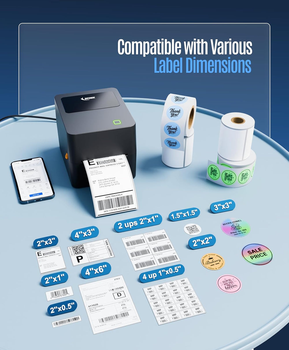 SEZNIK Tejas Shipping Label Printer | 304 DPI HD Print | USB + Bluetooth | Direct Thermal Label Printer for E-Commerce, MRP Sticker, Jewellery, Excel, Barcode, | 1 Year Warranty | No SellerFlex