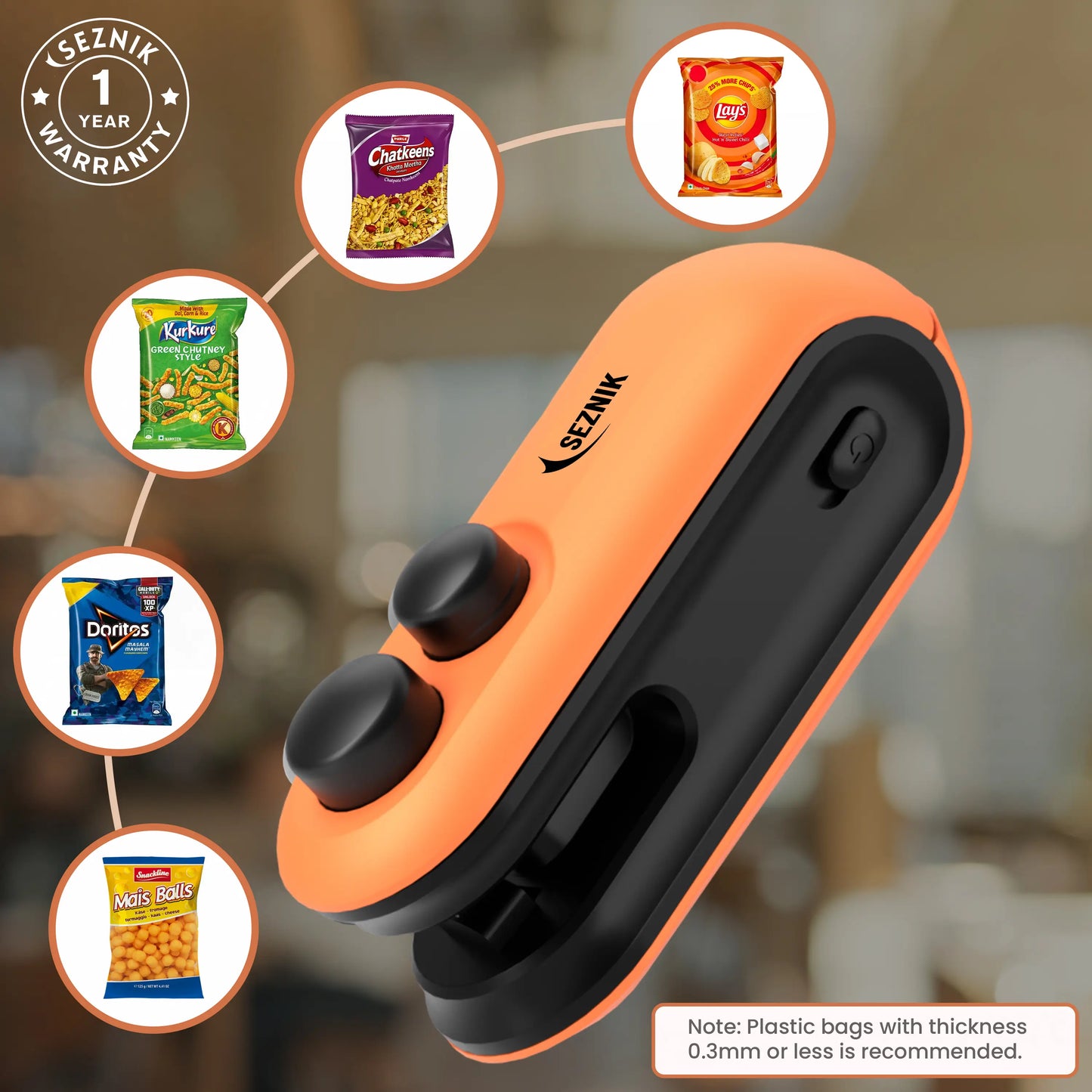 Seznik Portable Mini Sealing Machine, Handheld Packet Sealer for Food, Snacks, Chips, Fresh Storage, Plastic Bags Sealing Machine, 1 YEAR Warranty (Orange)