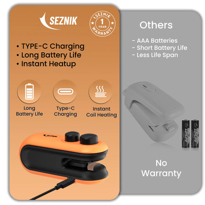 Seznik Portable Mini Sealing Machine, Handheld Packet Sealer for Food, Snacks, Chips, Fresh Storage, Plastic Bags Sealing Machine, 1 YEAR Warranty (Orange)