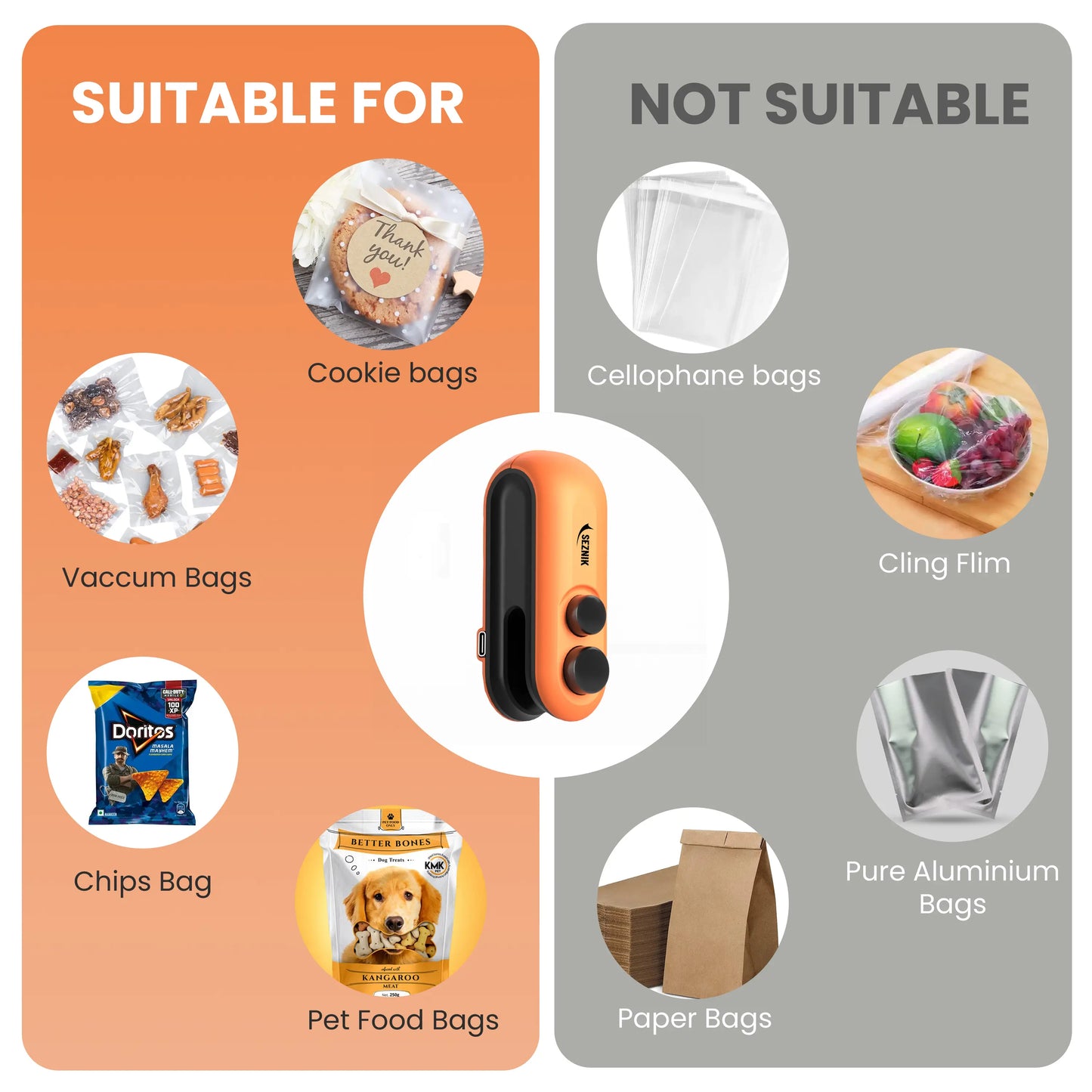 Seznik Portable Mini Sealing Machine, Handheld Packet Sealer for Food, Snacks, Chips, Fresh Storage, Plastic Bags Sealing Machine, 1 YEAR Warranty (Orange)